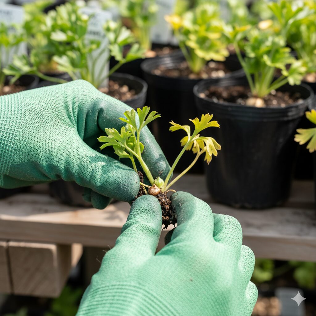 ラナンキュラス ラックス 苗 ホームセンター6　見切り品のラナンキュラス・ラックスを購入する際に株元の茎の硬さを確認して生死を見極める様子