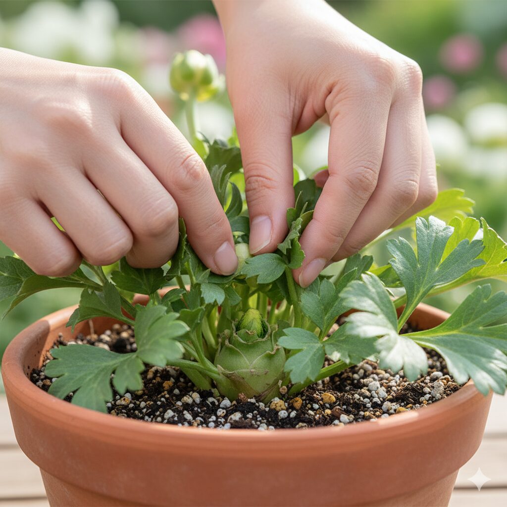 ラナンキュラス ラックス 苗 ホームセンター7　灰色かび病を防ぐためにラナンキュラス・ラックス苗の株元をかき分けてカビがないかチェックする方法