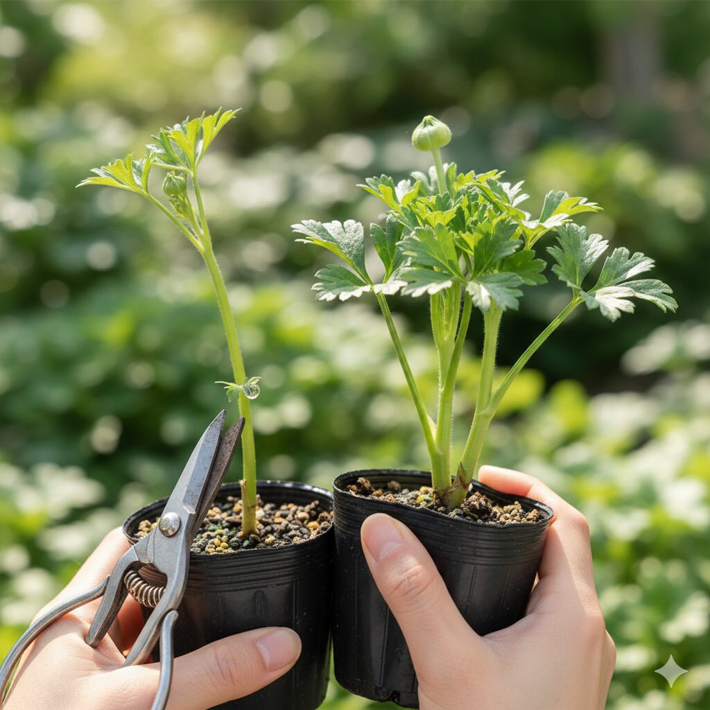 ラナンキュラス ラックス 苗 ホームセンター8　茎の数が多く葉が濃い緑色をした芽数の多い健康なラナンキュラス・ラックス苗の選び方