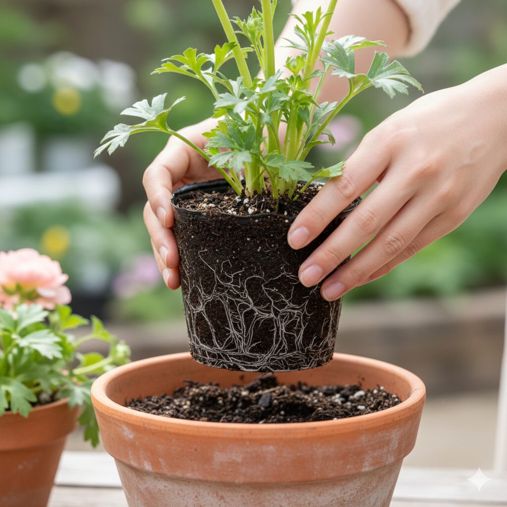 ラナンキュラス ラックス 苗 ホームセンター9　根鉢を崩さずにラナンキュラス・ラックスの苗を一回り大きな鉢へ植え替える（鉢増し）手順