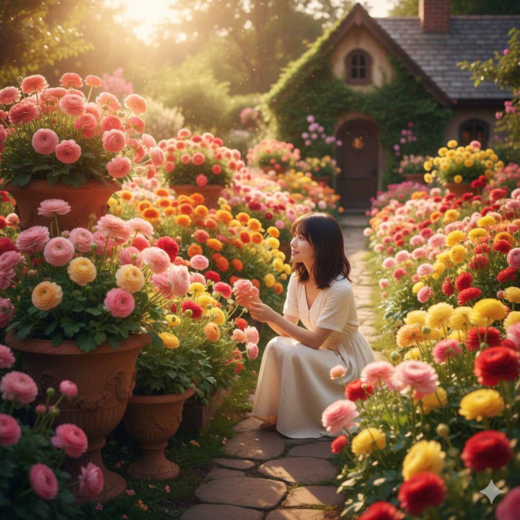 ラナンキュラスラックス 販売時期10　春の庭で満開に咲き誇るラナンキュラスラックスの群生