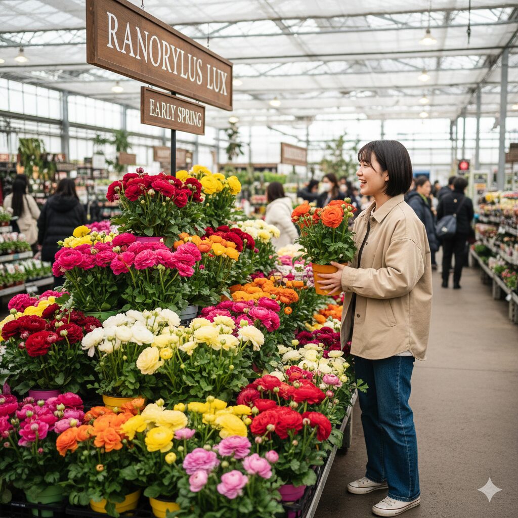 ラナンキュラスラックス 販売時期3　2月のホームセンター店頭に入荷し陳列されたラナンキュラスラックスの苗