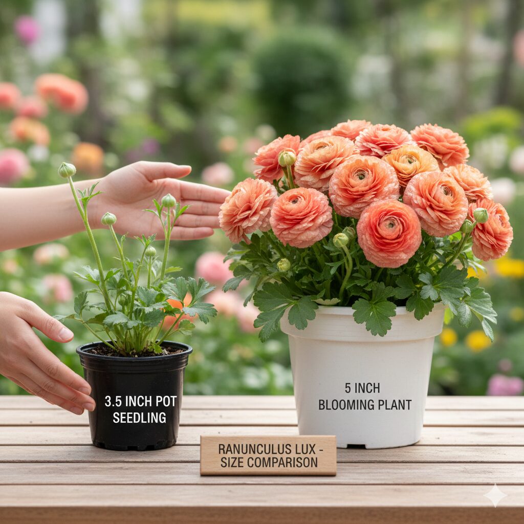 ラナンキュラスラックス 販売時期6　ラナンキュラスラックスの3.5号ポット苗と5号開花株のサイズ比較