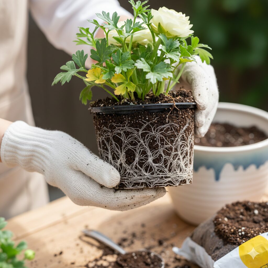 ラナンキュラスラックス 販売時期7　購入後のラナンキュラスラックスの根鉢を崩さずに植え替える手順