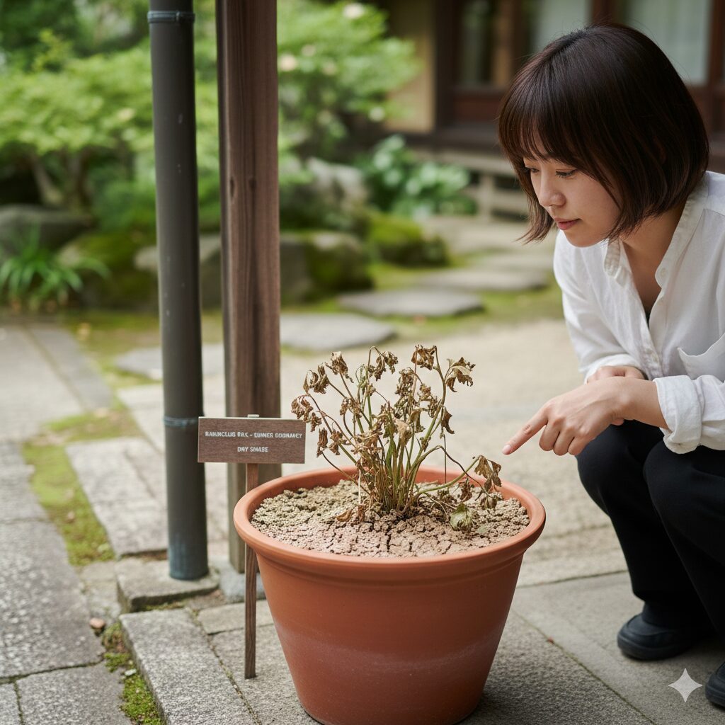 ラナンキュラスラックス 販売時期8　ラナンキュラスラックスの夏越し方法である断水管理中の鉢の様子