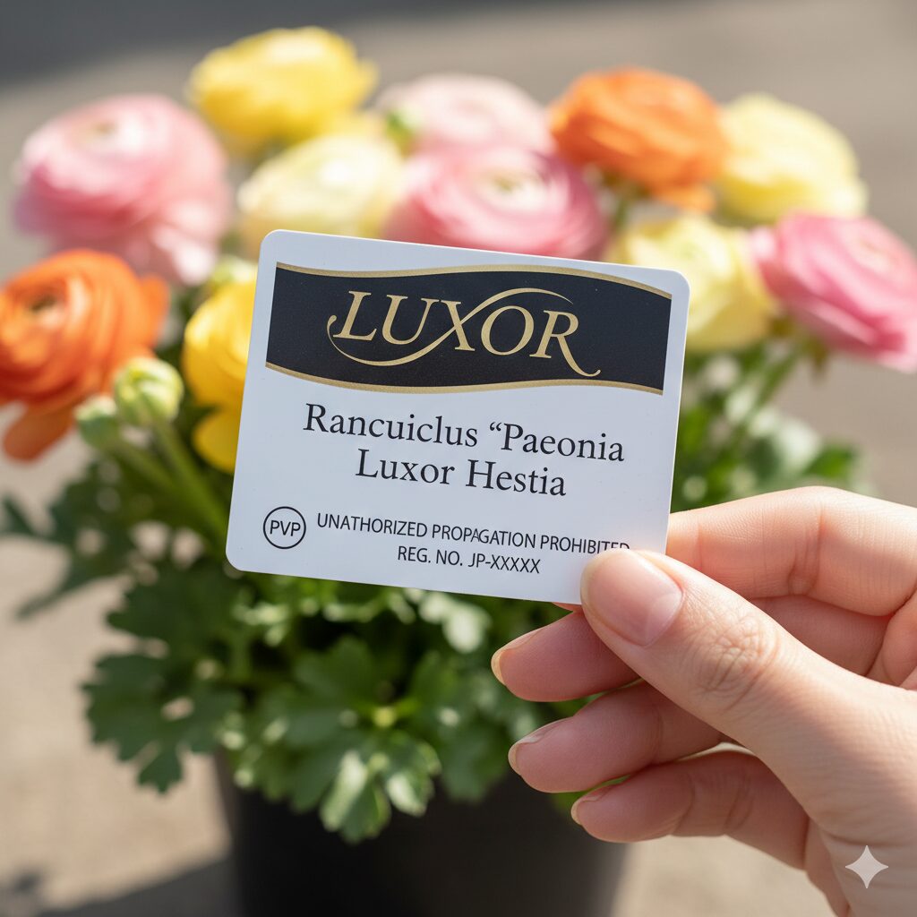 ラナンキュラスラックス 販売時期9　種苗法登録品種であることを示すラナンキュラスラックスの正規ラベルとPVPマーク