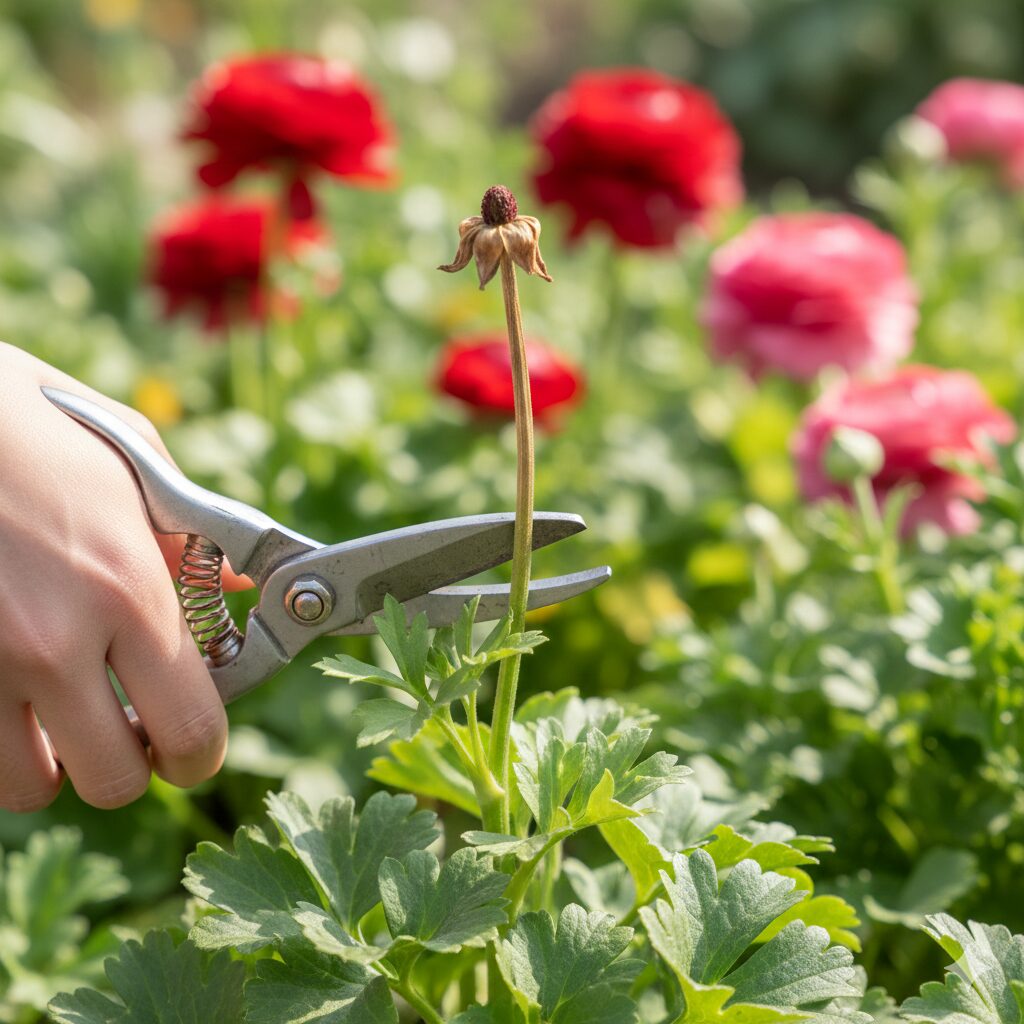 ラナンキュラス花が終わったら2　ラナンキュラスの花がら摘みで茎を切る正しい位置と剪定方法