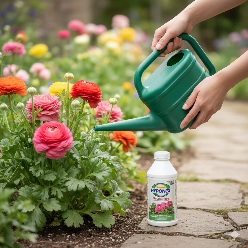 ラナンキュラス花が終わったら3　花後のラナンキュラスに液体肥料でお礼肥を与えている様子