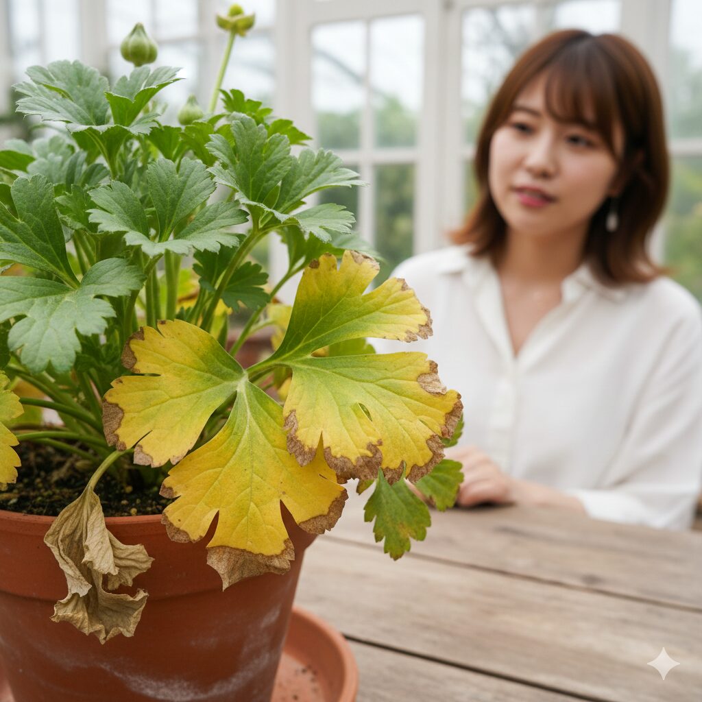 ラナンキュラス花が終わったら4　休眠期に入り自然に葉が黄色く変色したラナンキュラス