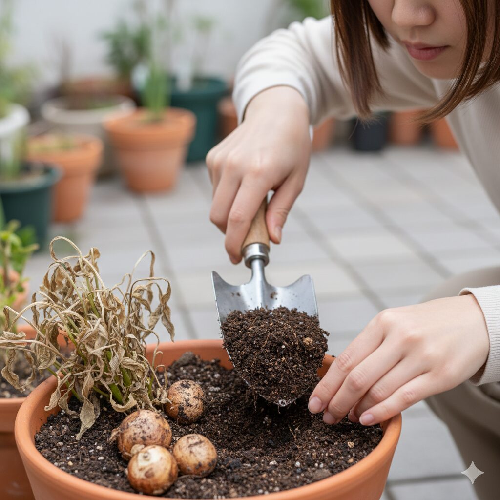 ラナンキュラス花が終わったら6　地上部が枯れたラナンキュラスの球根を掘り上げる作業