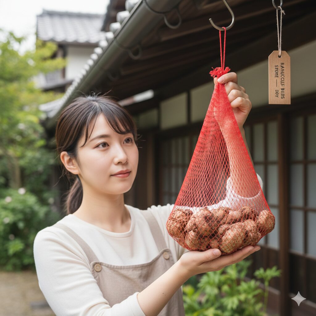 ラナンキュラス花が終わったら8　ネットに入れて風通しの良い日陰で保存されるラナンキュラスの球根