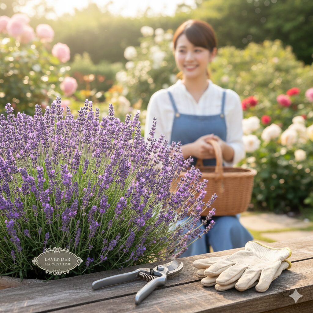 ラベンダー 剪定 どこを切る1　満開のラベンダーと剪定バサミ、ガーデニンググローブが置かれた庭の風景