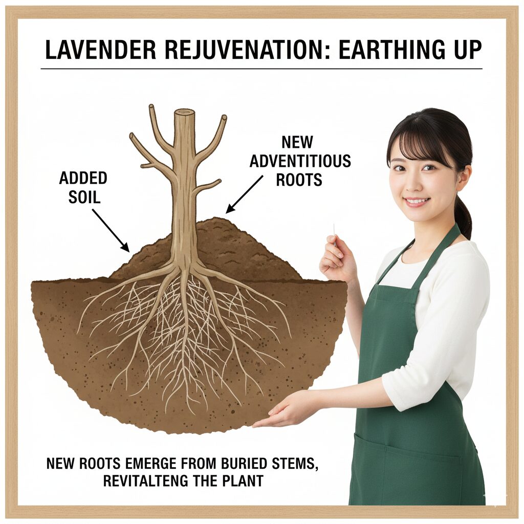 ラベンダー 剪定 どこを切る10　ラベンダーの土寄せ（盛り土）による発根促進と株の若返り方法の断面図解