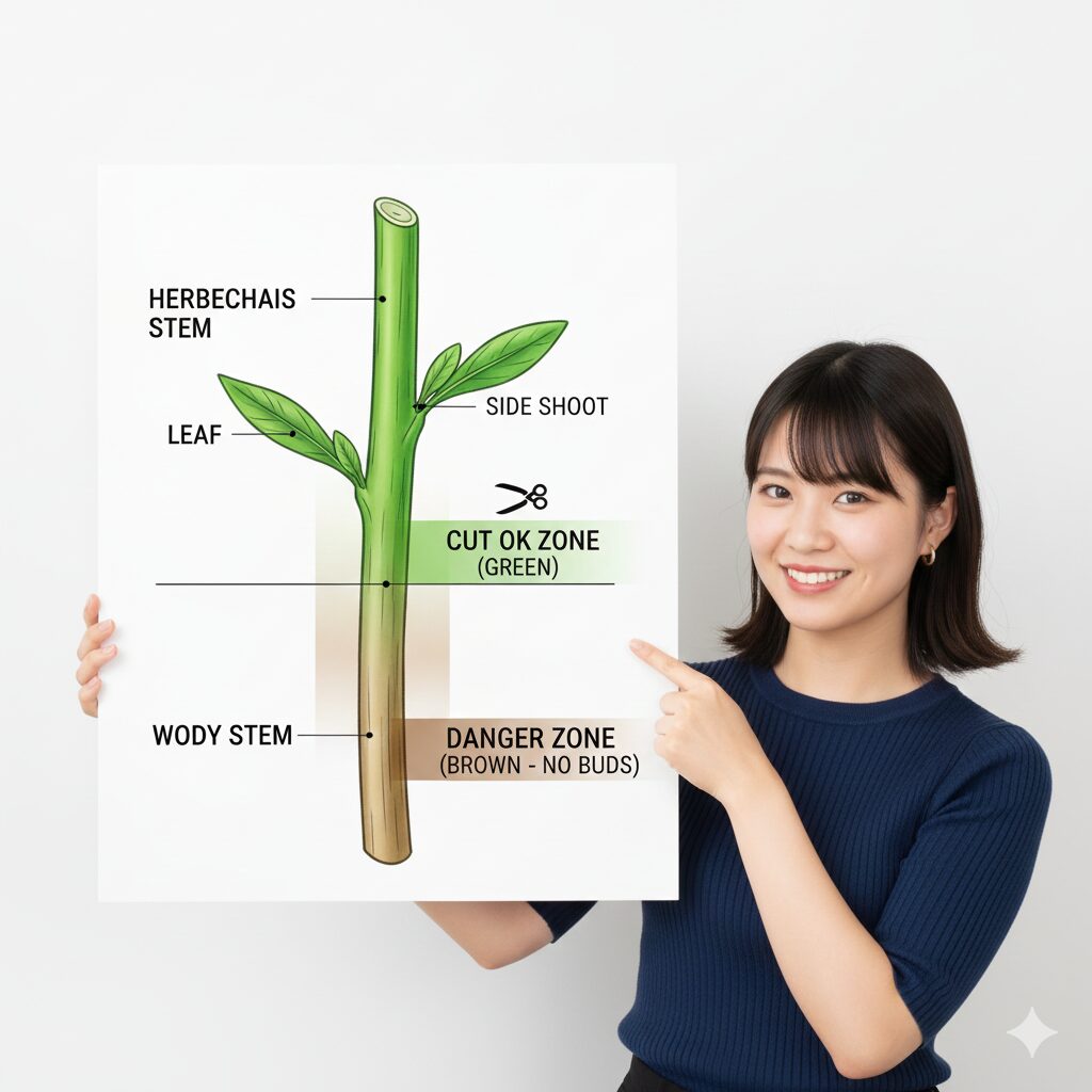 ラベンダー 剪定 どこを切る2　ラベンダーの茎の構造図解：緑色の葉がある位置と木質化した部分の切断可能範囲