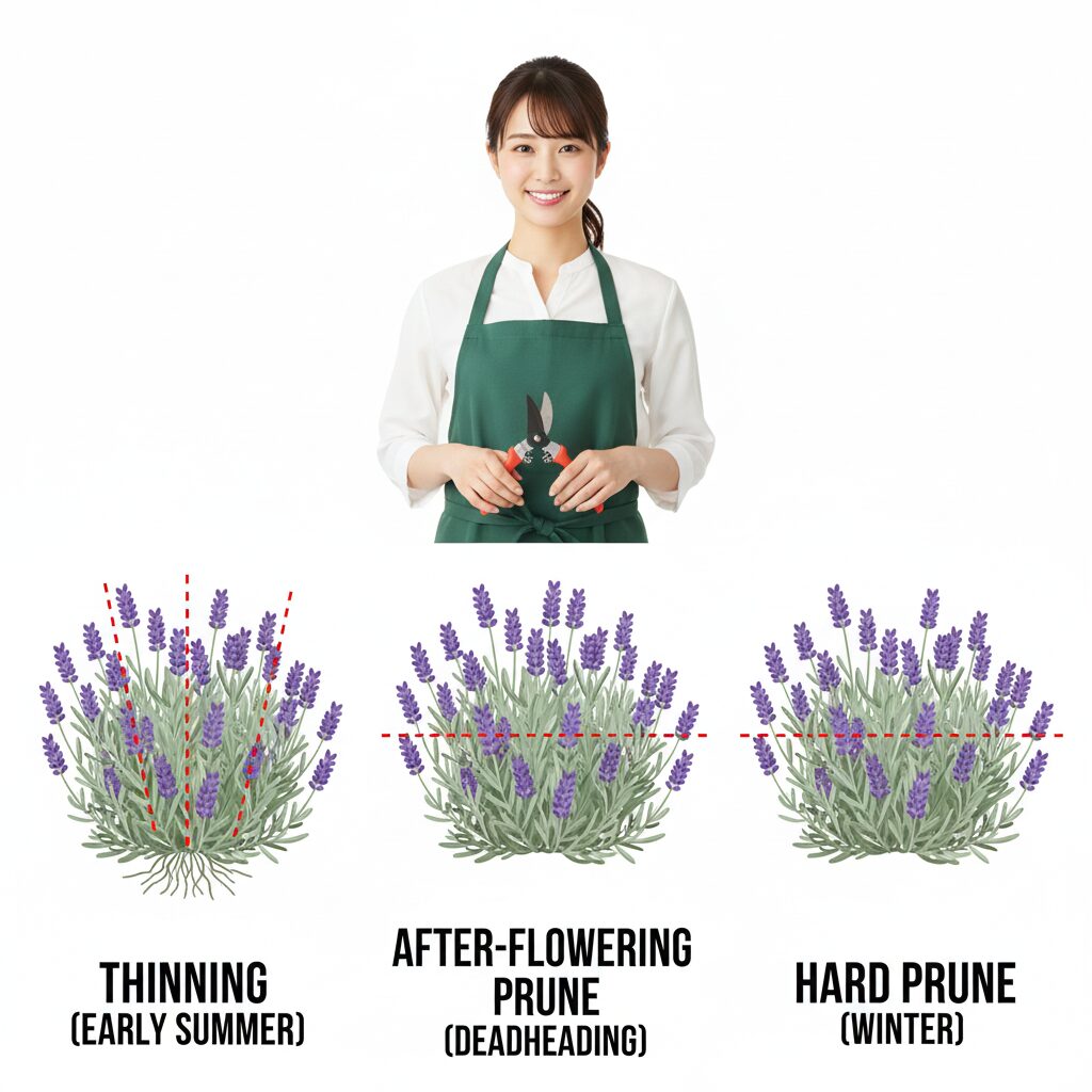ラベンダー 剪定 どこを切る3　ラベンダー剪定の種類と切る高さの比較図：透かし剪定・花後剪定・強剪定の違い