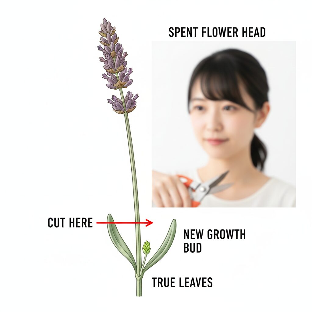 ラベンダー 剪定 どこを切る4　花後のラベンダー剪定位置：本葉と新芽のすぐ上で切る正しい位置の図解