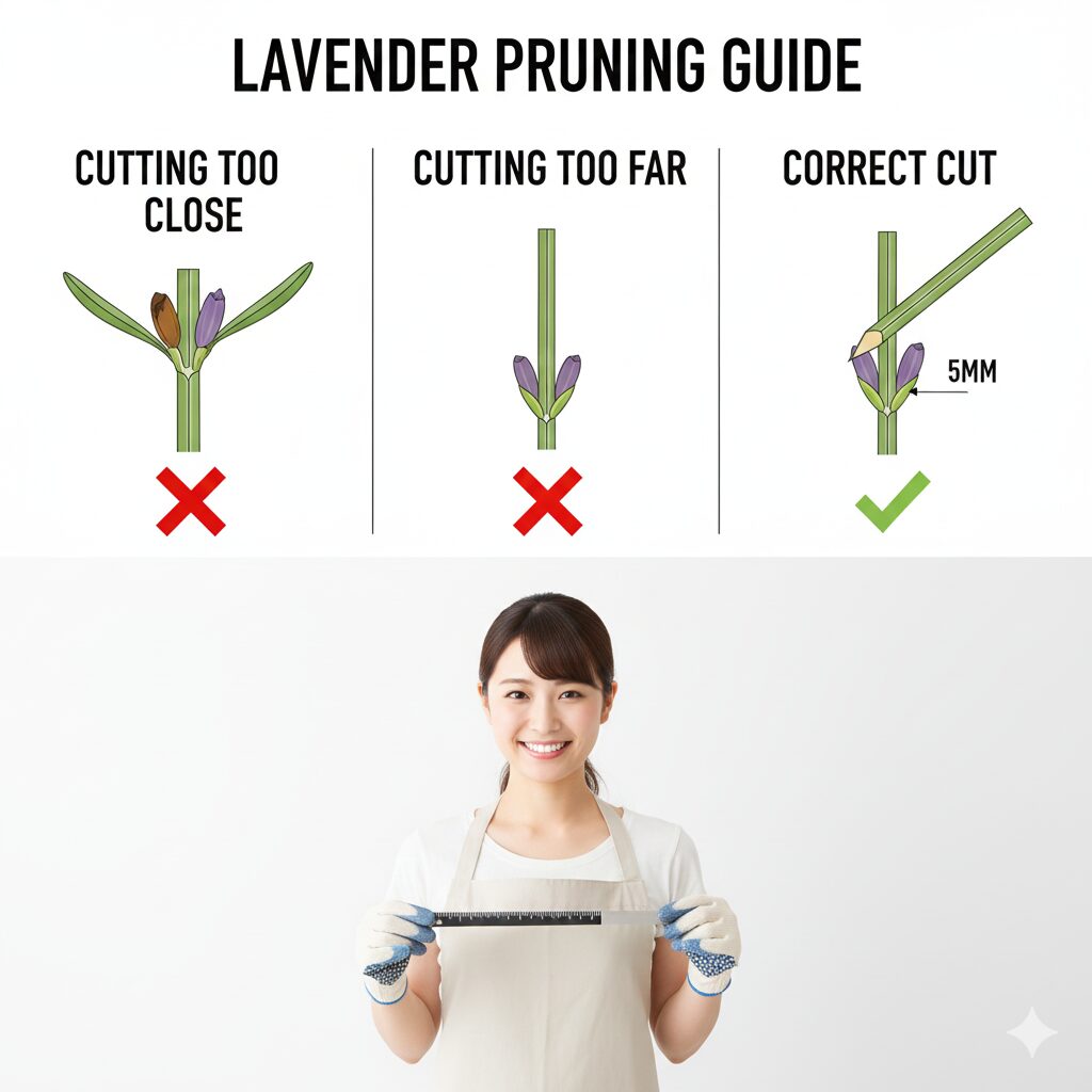 ラベンダー 剪定 どこを切る6　ラベンダーの脇芽に対する正しいハサミの入れ方：位置による成功と失敗の比較図