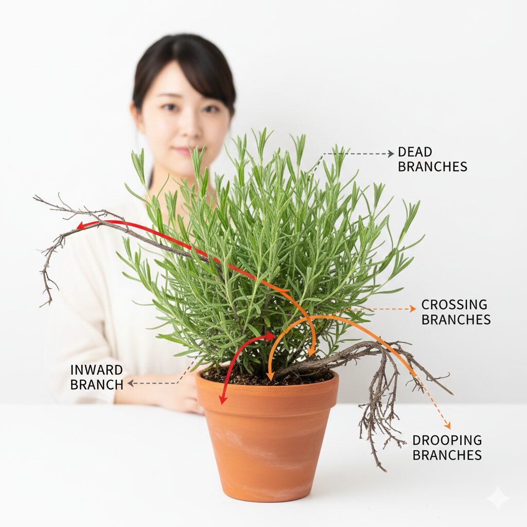 ラベンダー 剪定 どこを切る7　透かし剪定で切るべき枝の種類：枯れ枝・交差枝・逆さ枝・下垂枝の識別図