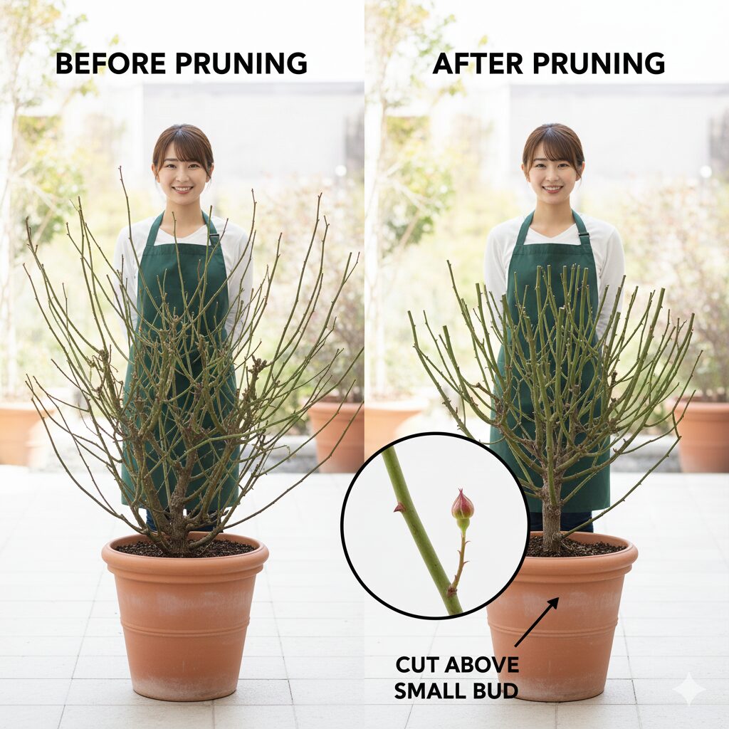 ラベンダー 剪定 どこを切る8　ラベンダー強剪定のビフォーアフターと株下部の芽を確認する位置の目安