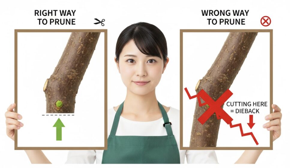 ラベンダー 剪定 どこを切る9　木質化したラベンダー枝の剪定可否：芽の有無による切断ラインの判断基準