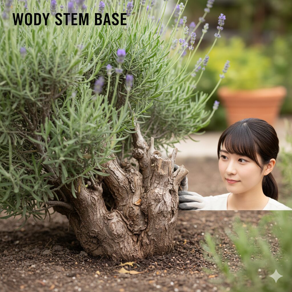 ラベンダー 木質化したら1　ラベンダーの株元が茶色く硬くなる木質化（老化現象）が進んだ状態の写真