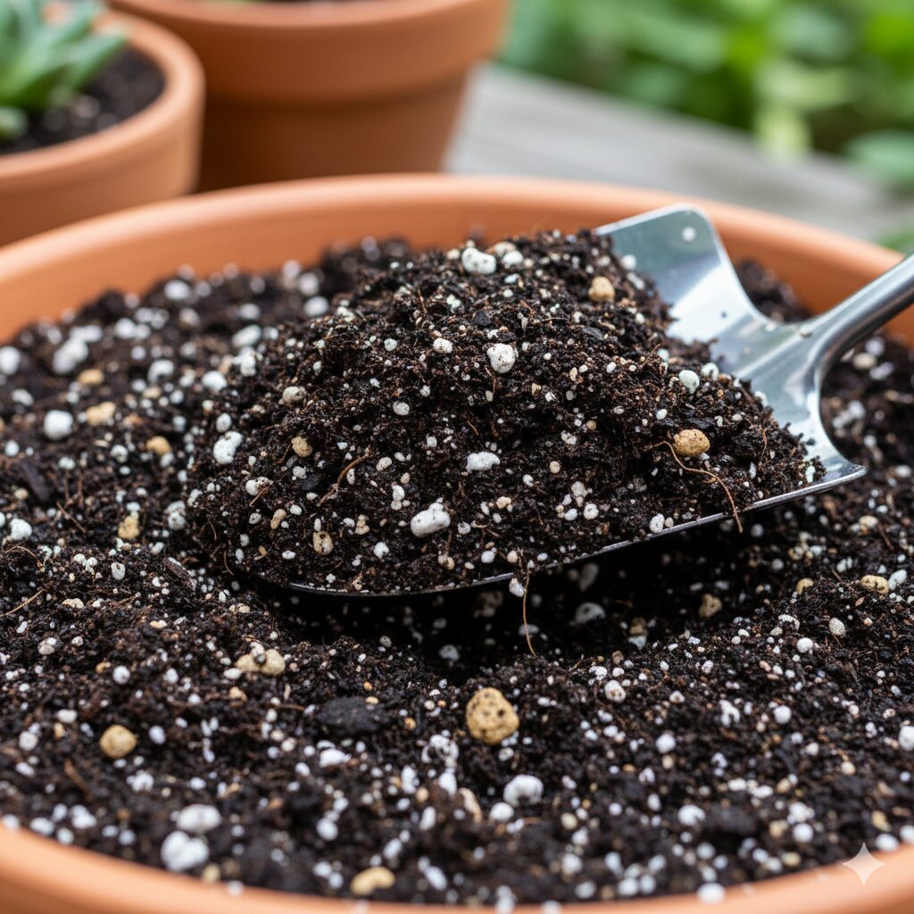 ラベンダー 木質化したら10　ラベンダーの木質化予防に適した水はけの良い配合土（軽石や川砂入り）の質感
