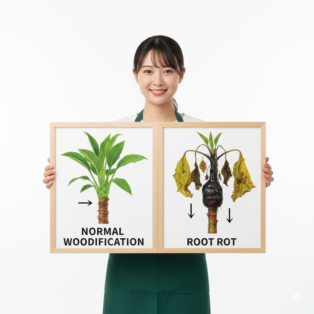 ラベンダー 木質化したら2　ラベンダーの正常な木質化と枯れる原因となる根腐れの違い・見分け方の比較画像