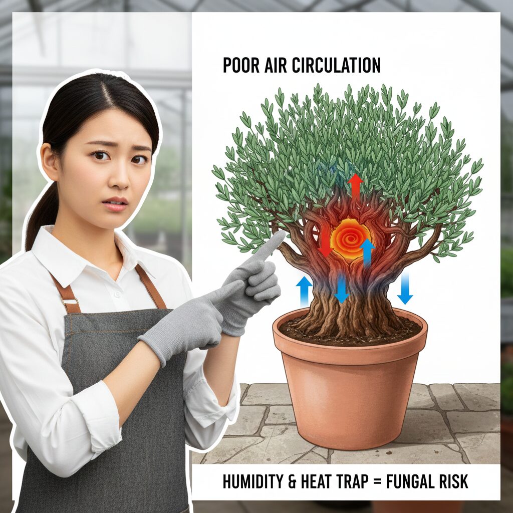 ラベンダー 木質化したら3　木質化したラベンダーの株元が密集し通気性が悪化して蒸れ枯れを引き起こす仕組みの図解