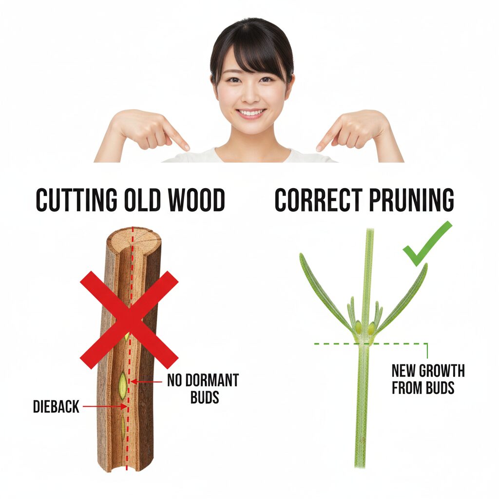 ラベンダー 木質化したら4　ラベンダーの木質化した茶色い茎からは新芽が再生しないことを示す構造図