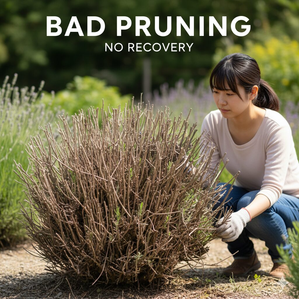 ラベンダー 木質化したら5　緑の葉を残さずに木質部のみで強剪定してしまい枯れてしまったラベンダーの失敗例