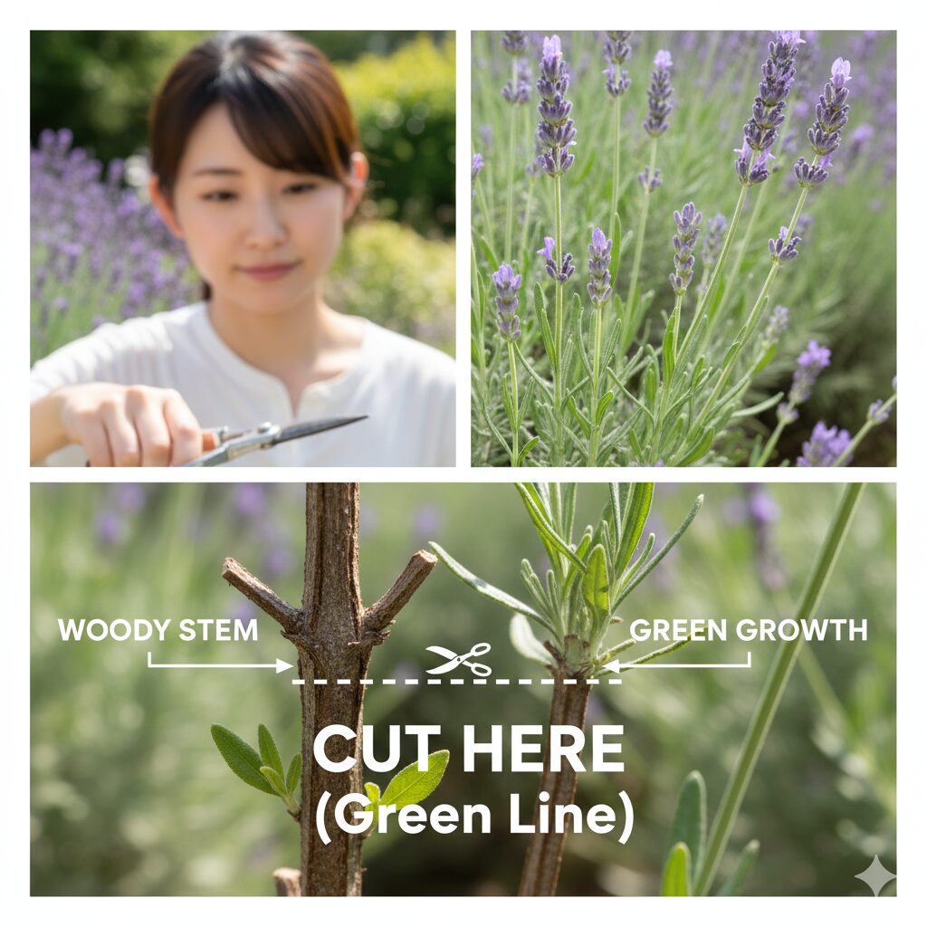 ラベンダー 木質化したら6　ラベンダー剪定の正しい位置。木質化部分と緑の葉の境界線（グリーンライン）の図解