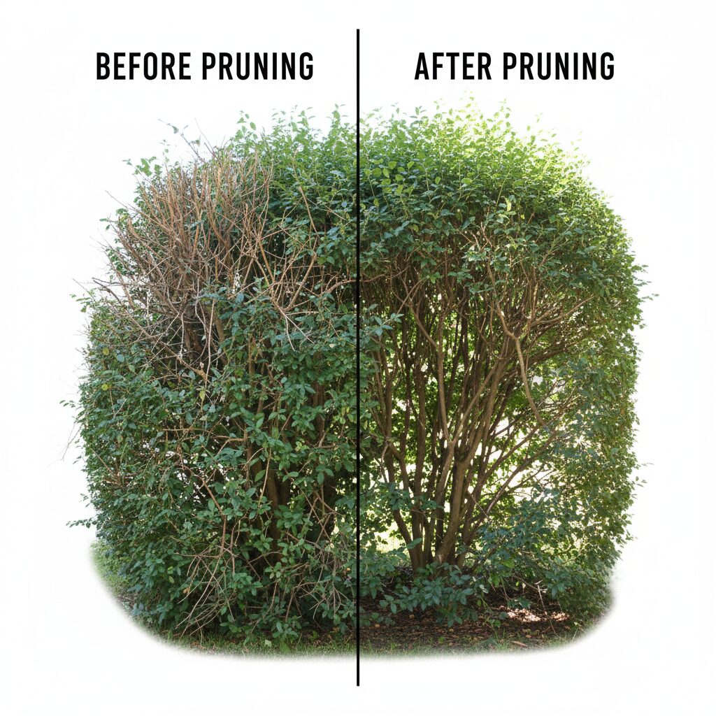 ラベンダー 木質化したら9　ラベンダーの透かし剪定の方法。不要な枝を間引いて株元の通気性を良くする図解