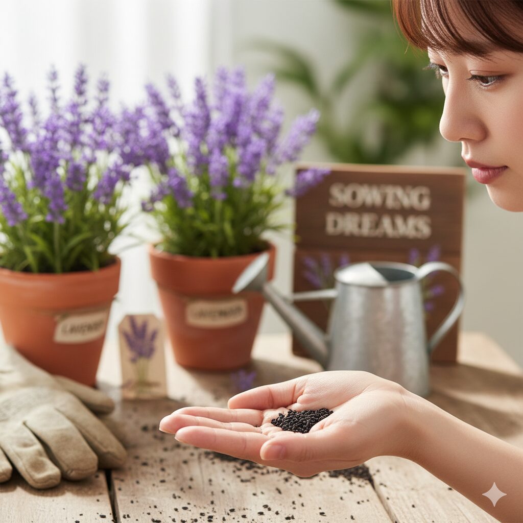 ラベンダー 種まき 時期1　ラベンダーの種まきの準備をする手元と満開のラベンダーのイメージ