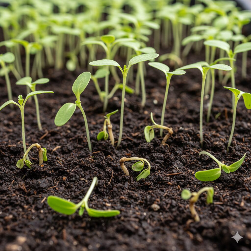 ラベンダー 種まき 時期10　ラベンダーの苗が地際でくびれて倒れる立ち枯れ病の症状