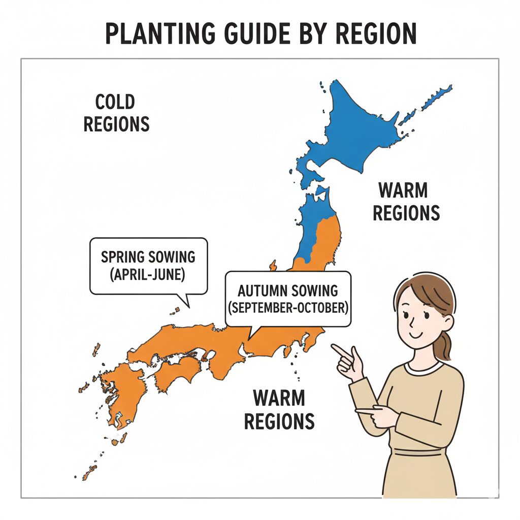 ラベンダー 種まき 時期2　地域別ラベンダーの種まき時期マップ：寒冷地は春まき、温暖地は秋まき