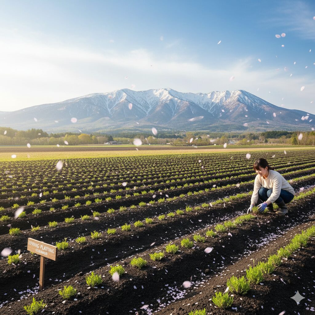 ラベンダー 種まき 時期3　北海道の春、残雪の山を背景に植え付けられたラベンダーの若苗