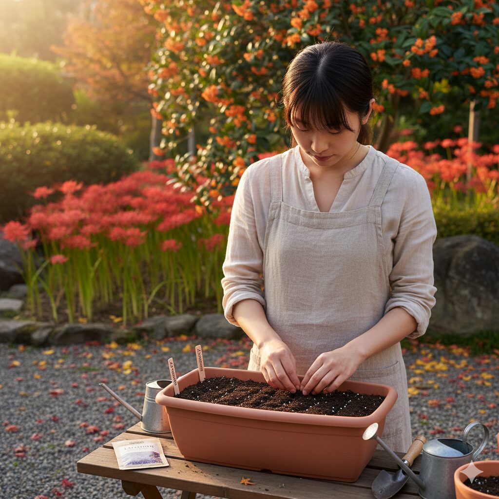 ラベンダー 種まき 時期4　温暖地の秋、彼岸花が咲く頃に行うラベンダーの種まき