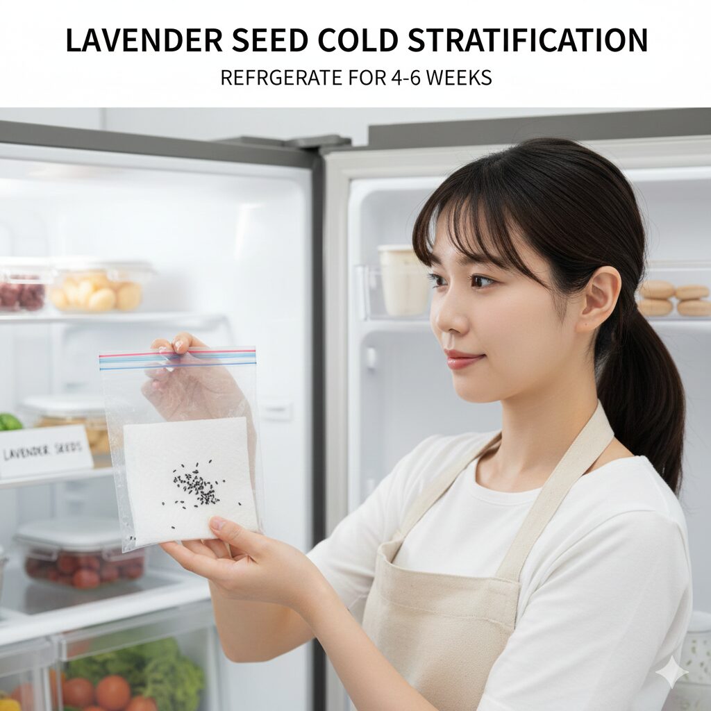 ラベンダー 種まき 時期6　ラベンダーの発芽率を上げる低温湿潤処理：濡れたペーパーに種を包み冷蔵庫へ