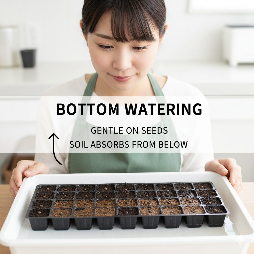 ラベンダー 種まき 時期9　微細な種を流さないための底面給水：トレイに水を張り下から吸水させる