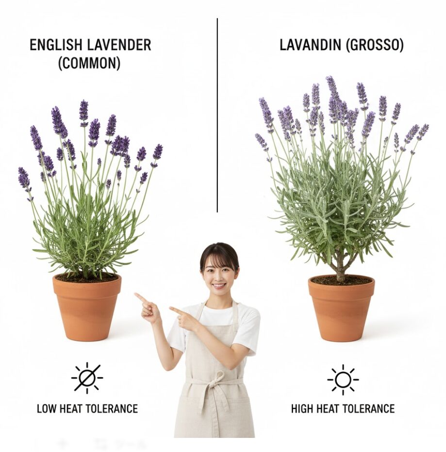 ラベンダー 育て方 初心者 地植え2　初心者におすすめの暑さに強いラバンディン系とイングリッシュラベンダーの品種比較図