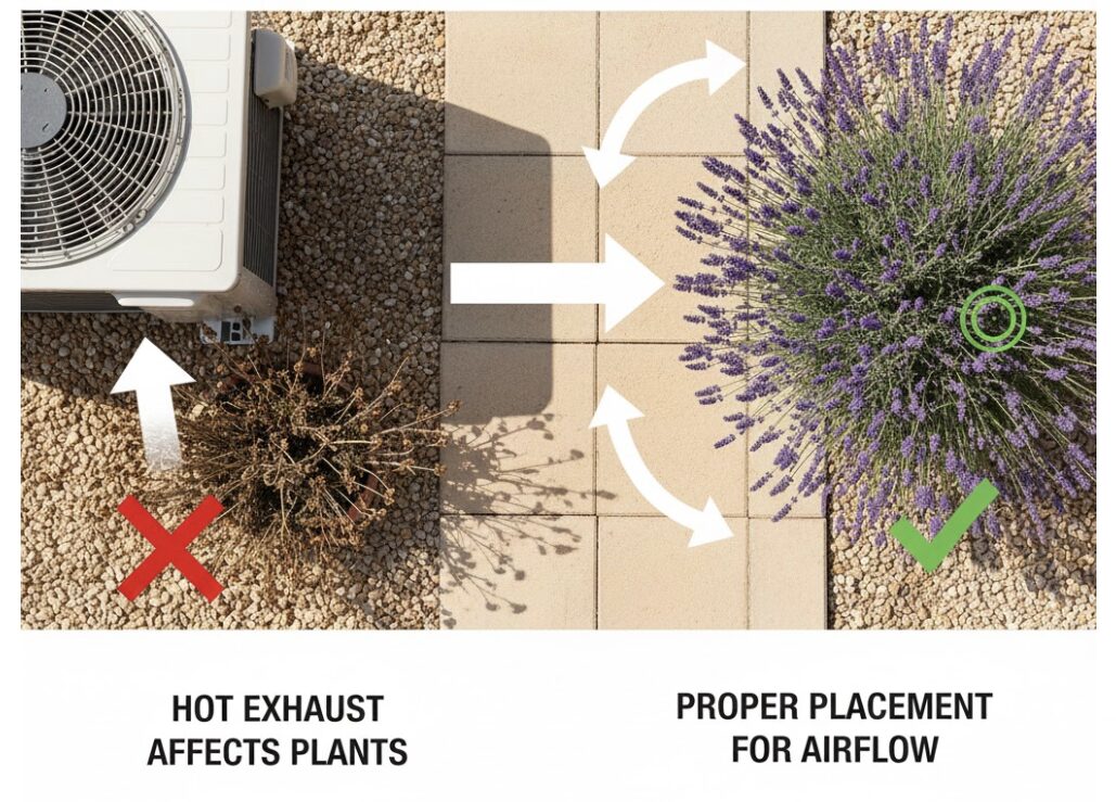 ラベンダー 育て方 初心者 地植え3　ラベンダーの地植え場所の注意点：エアコン室外機の熱風を避けた配置図