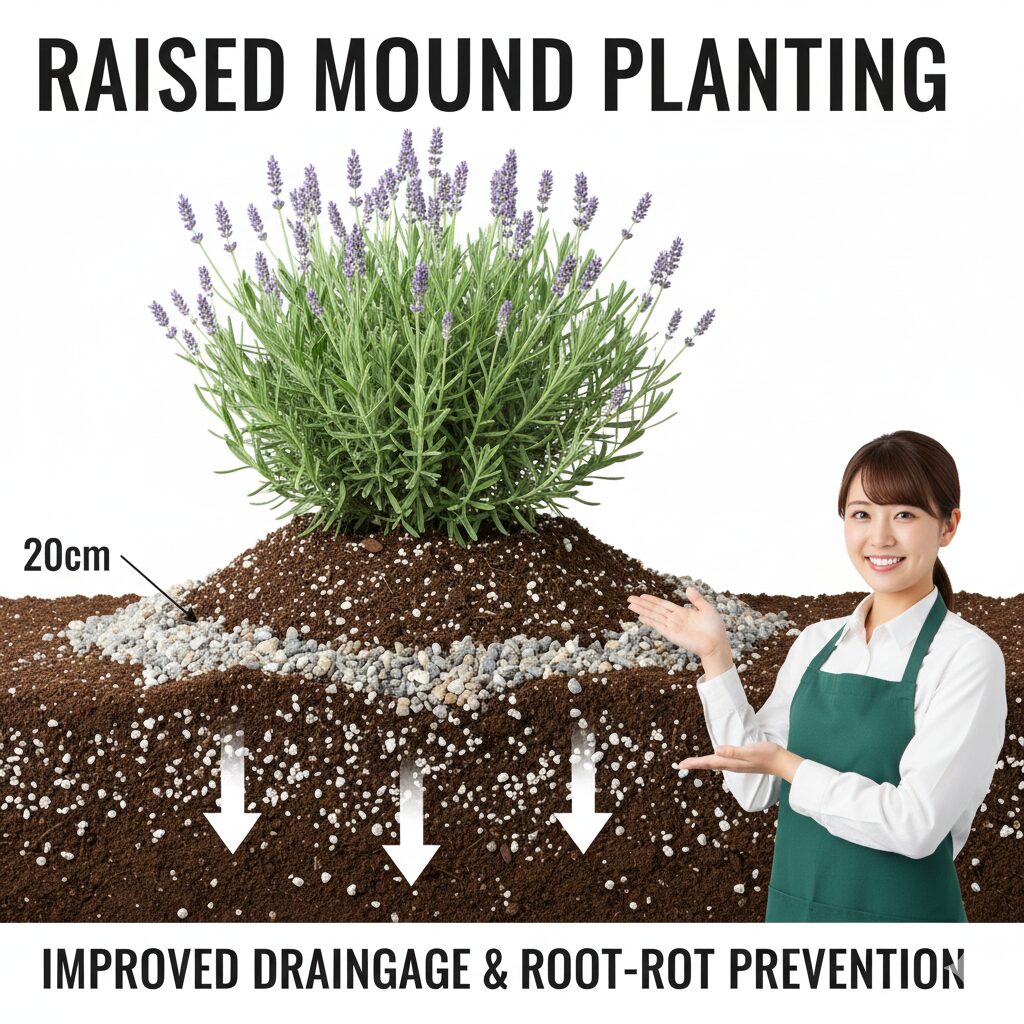 ラベンダー 育て方 初心者 地植え5　地植えラベンダーの根腐れを防ぐ水はけの良い高畝（レイズドベッド）の断面図