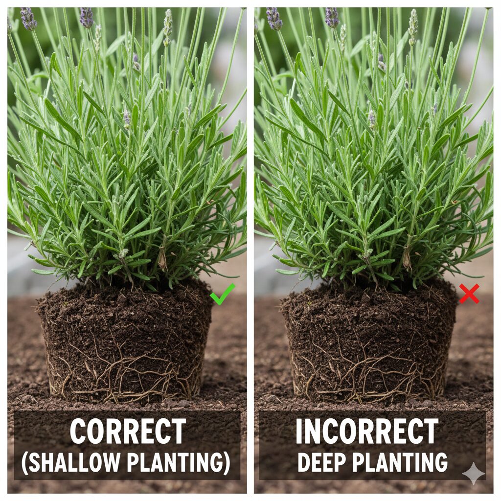 ラベンダー 育て方 初心者 地植え6　ラベンダーの植え付け深さのポイント：根腐れを防ぐ浅植えと深植えの違い