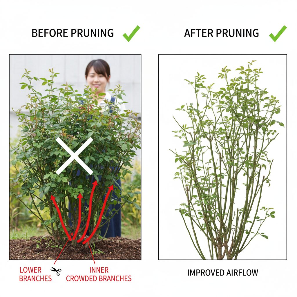 ラベンダー 育て方 初心者 地植え8　梅雨の蒸れを防ぐラベンダーの透かし剪定の方法と切るべき枝の位置