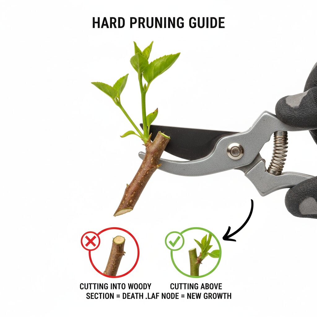 ラベンダー 育て方 初心者 地植え9　ラベンダーの強剪定で枯らさないコツ：必ず緑の葉を残して切る位置の図解