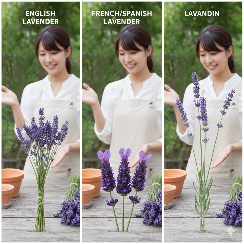 ラベンダー 花が終わったら3　イングリッシュ系、フレンチ系（ストエカス）、ラバンディン系のラベンダーの花の形状比較