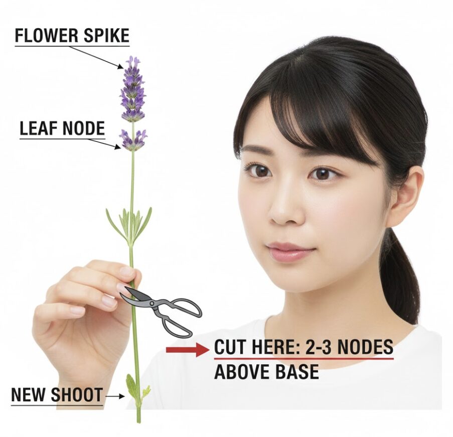 ラベンダー 花が終わったら4　ラベンダーの花後の剪定位置を示す図解。葉と新芽の上で切るポイント