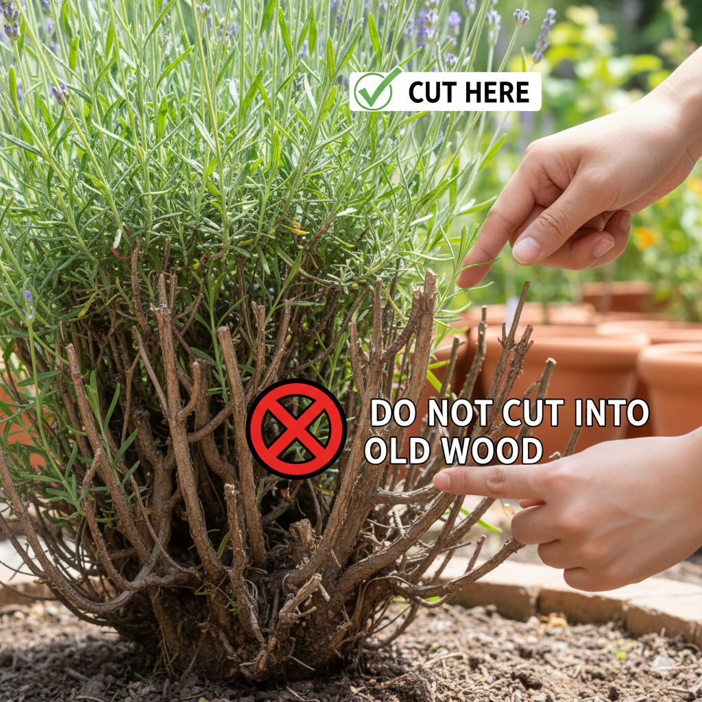 ラベンダー 花が終わったら5　ラベンダーの木質化した茶色い茎と緑色の茎の境界。強剪定の注意点