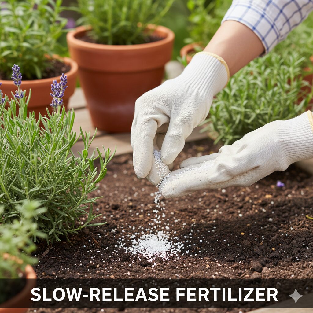 ラベンダー 花が終わったら6　ラベンダーの株元に少量のお礼肥（緩効性肥料）を与えている様子