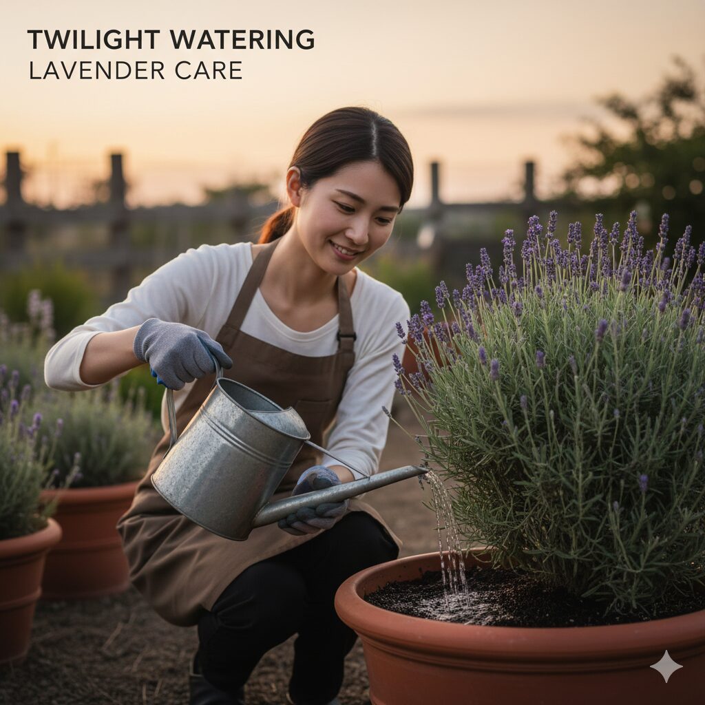 ラベンダー 花が終わったら8　高温多湿を防ぐためラベンダーの株元へ静かに行う夕方の水やり